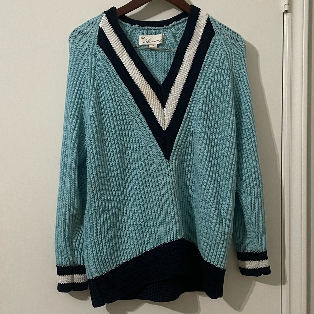 Vintage Havana Light Blue Ribbed V-Neck Varsity Sweater - Size M